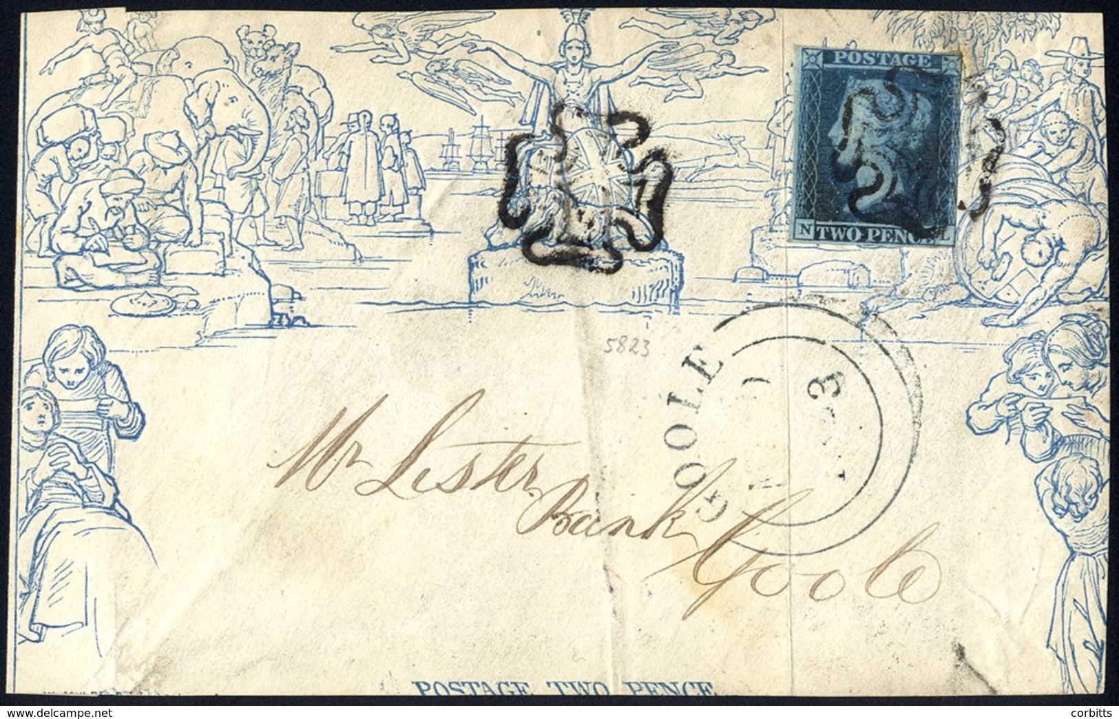 Twopence Front Addressed To Goole & Cancelled By A Black MC, Also Bears 1841 2d Plate 3 NL, Three Margins, Tied Black MC - Autres & Non Classés