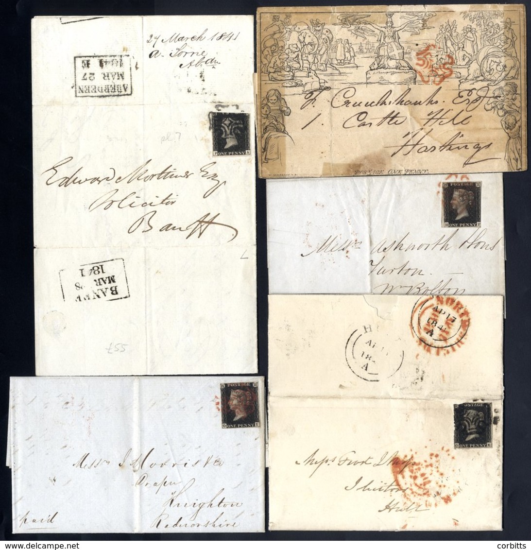 1840-41 1d Black Covers (4) Each With Stamp Cut Into, Letterings CE, HF, OI & PA, Also One Penny Mulready Letter Sheet U - Autres & Non Classés