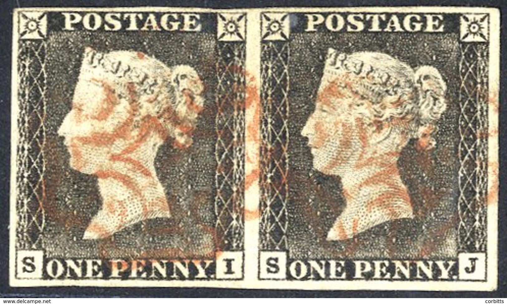 Plate 1a (worn Plate) SI-SJ Horizontal Pair, Good To Large Margins, Cancelled Red MC's. - Autres & Non Classés