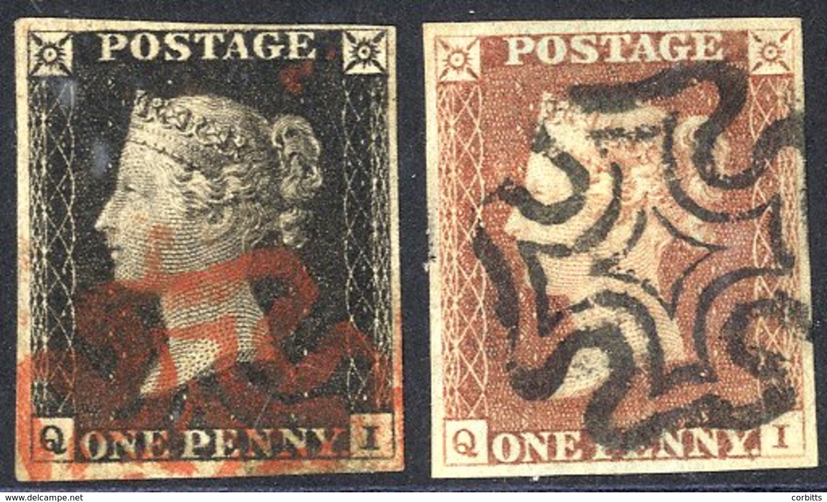 Plate 1b QI, Four Margin Example (thinned), Fine Red MC, Matched With Red Printing - Four Margins, Black MC (left Side F - Other & Unclassified