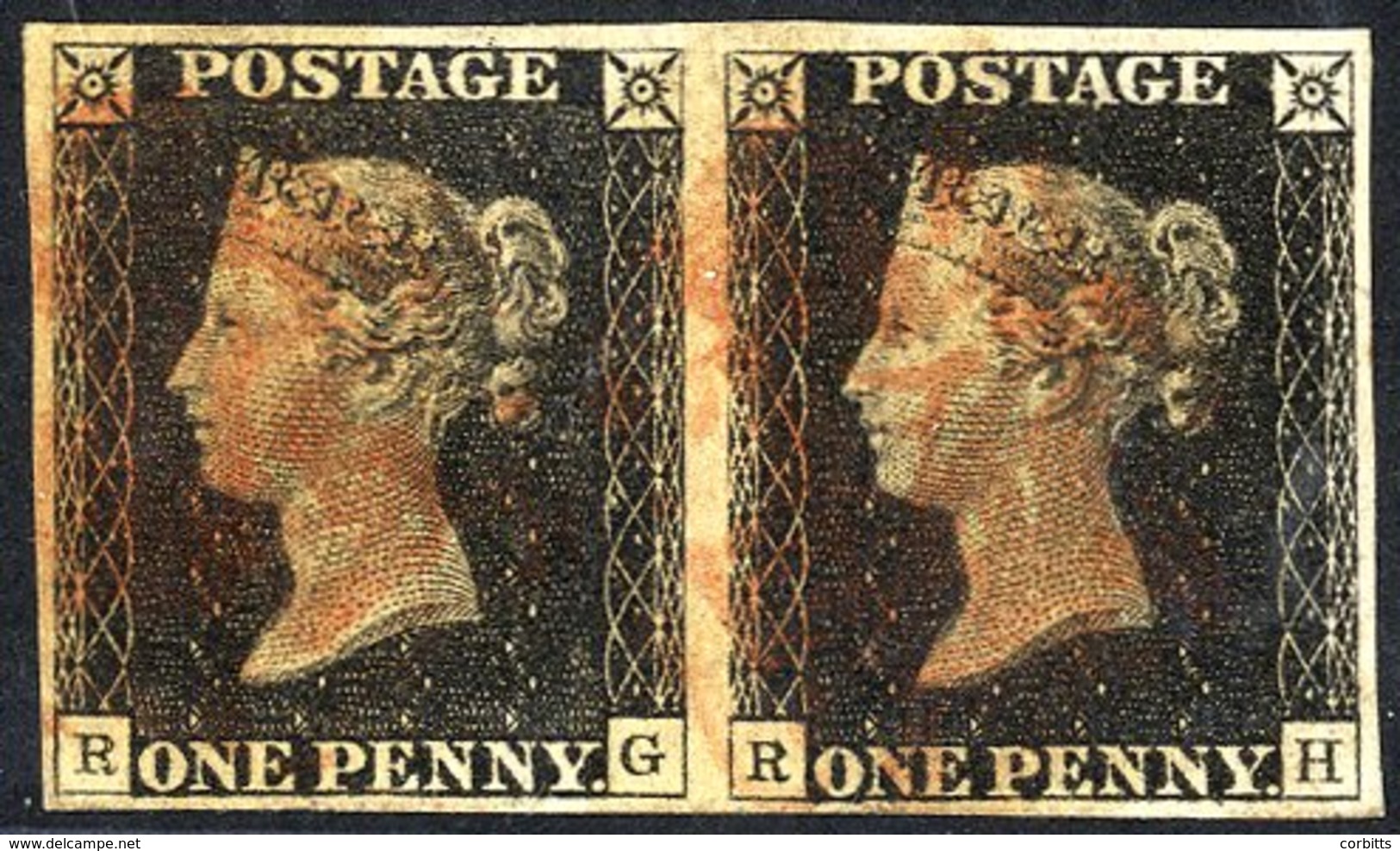 Plate 1b RG-RH Horizontal Pair, Good Margins All Round, Cancelled In Red, RG Tiny Corner Crease. - Other & Unclassified