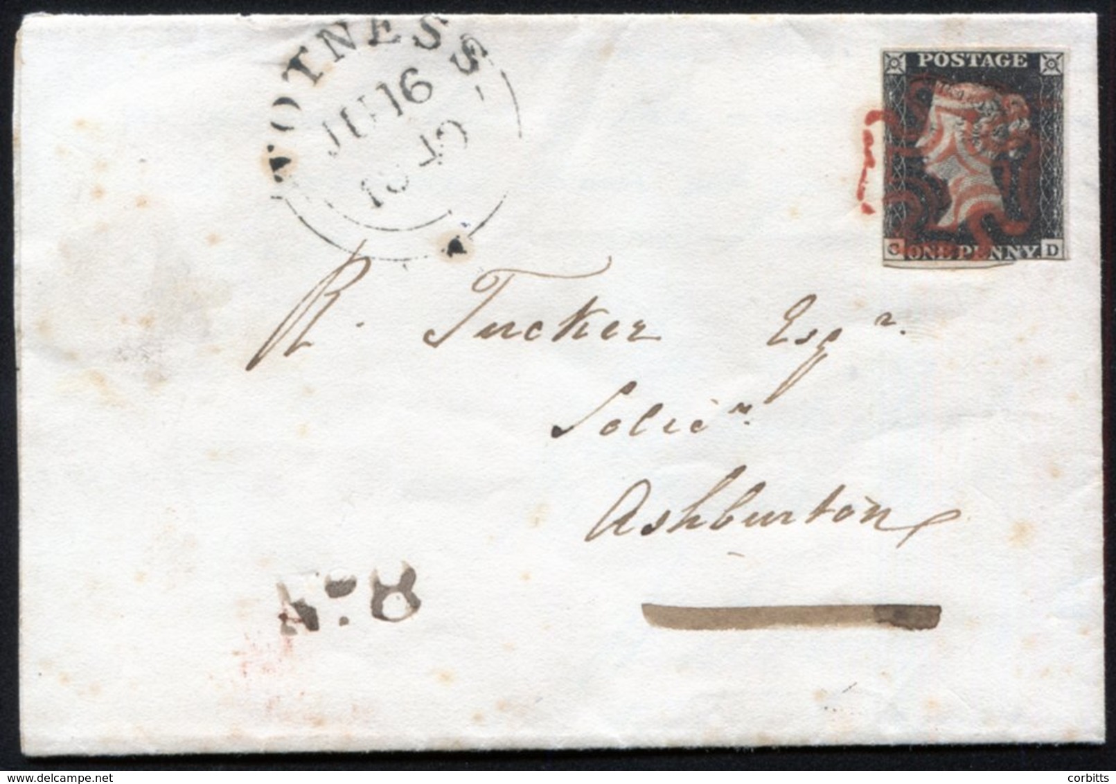 1840 June 16th Cover From Totness To Ashburton, Franked Pl.4 CD, Three Margins Cut Into At Base, Tied Fine Red MC. - Other & Unclassified