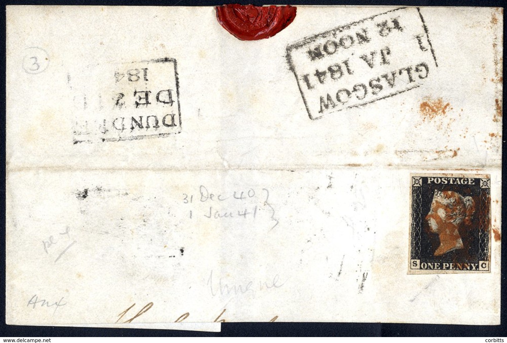 Plate 4 SC, Clear To Huge Margins, Tied In Red To A Part Cover Bearing D/stamps Of Dundee Dec 31st 1840 & Glasgow Jan 1s - Other & Unclassified