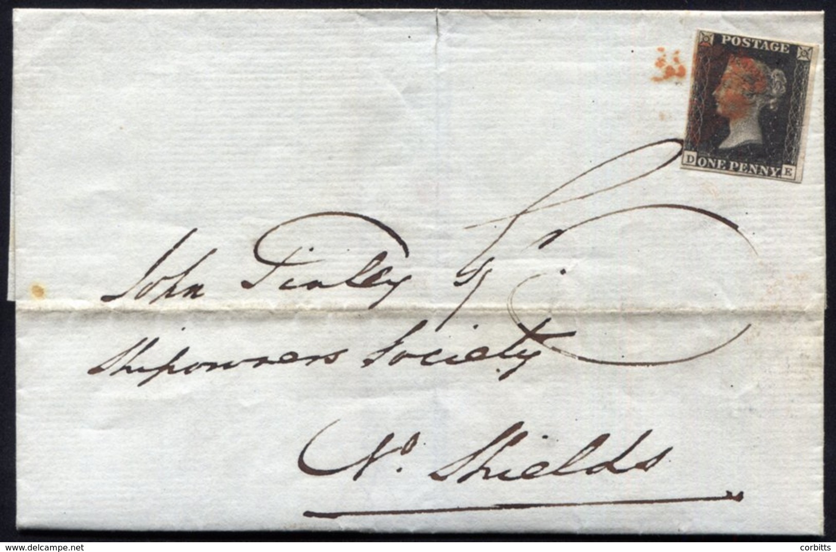 1841 Jan 25th Cover From Newcastle To North Shields Franked Pl.5 DE, Good To Large Margined Example, Cancelled In Red. - Autres & Non Classés