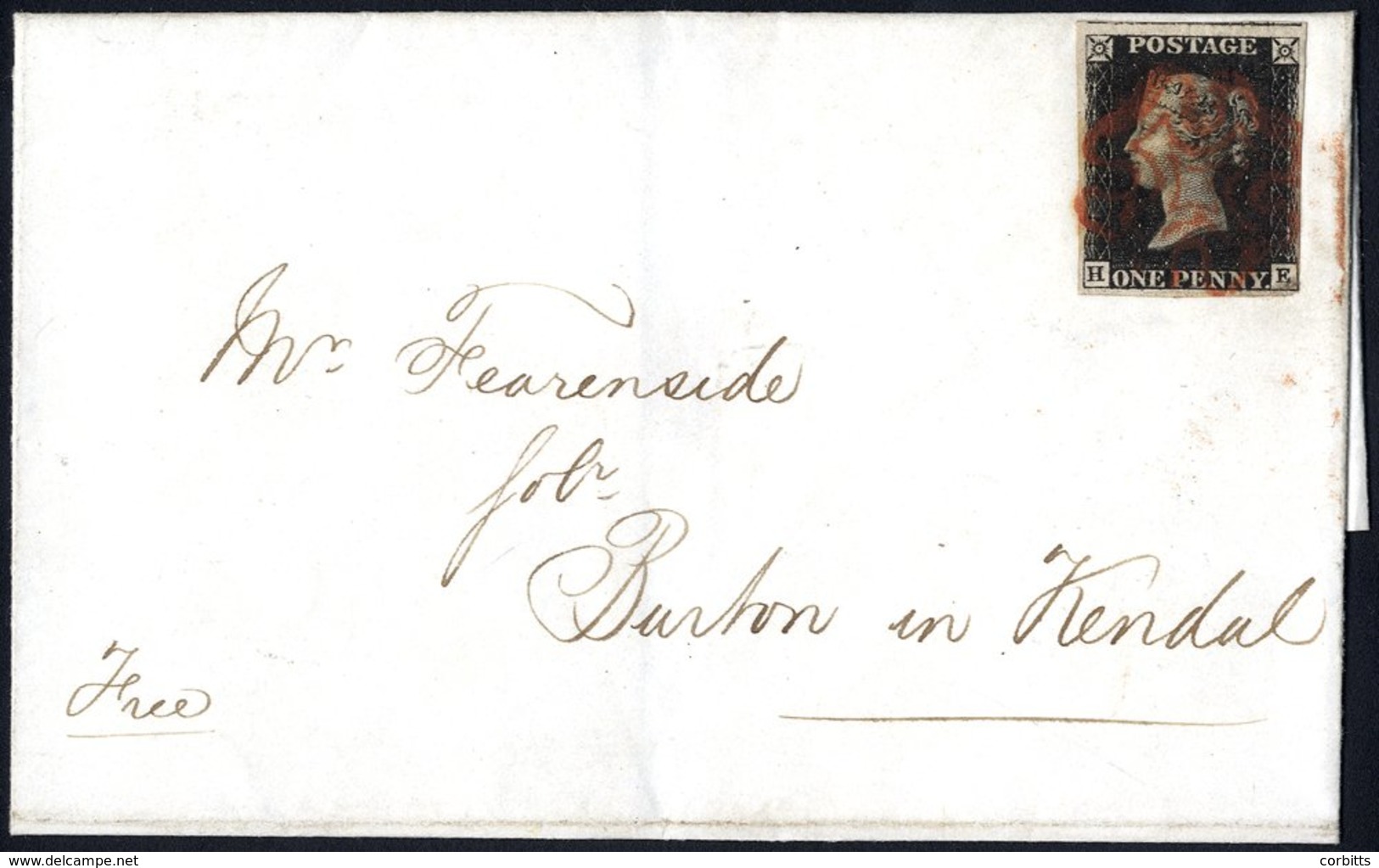 1841 Jan 27th Cover To Burton In Kendal, Franked Pl.5 HE, Clear To Huge Margins (close Cut S.E Corner), Tied Red MC, Bac - Autres & Non Classés