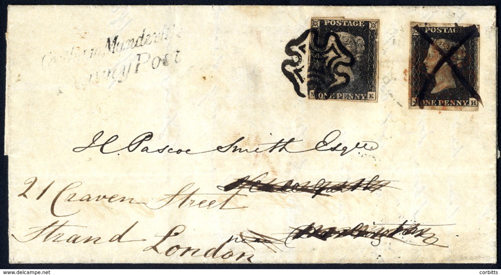 1841 Cover From Barnard Castle To Darlington, Franked Pl.10 JH, Four Margin Example, Tied Red MC Then Re-addressed And S - Other & Unclassified