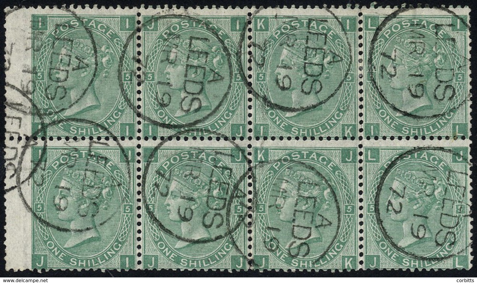 1867 1s Green Pl.5, Superb Used Block Of Eight II/JL (odd Blunt Perf) Each Cancelled By A Fine 'Leeds.Mr.19.72' C.d.s, S - Autres & Non Classés
