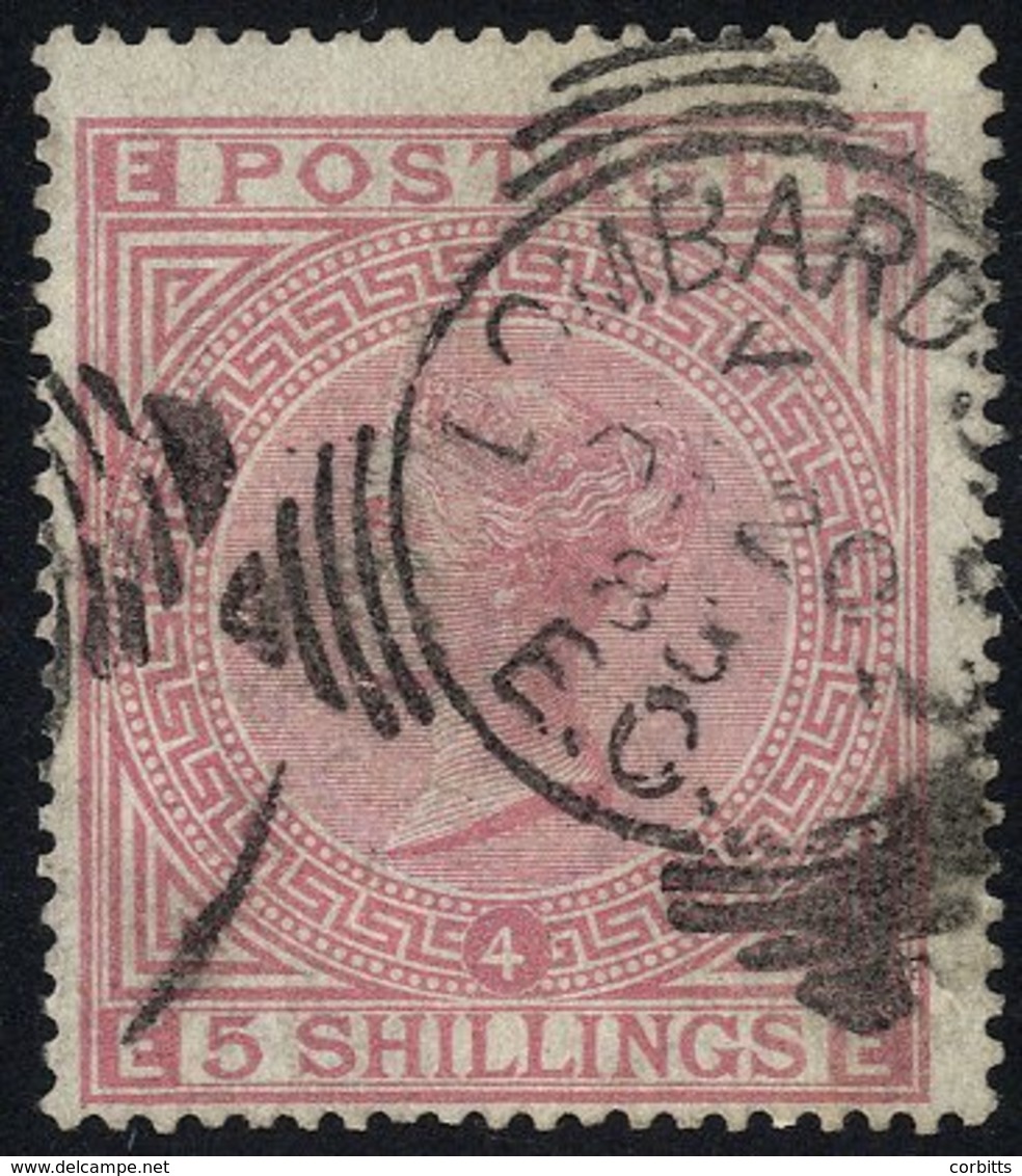 1867-83 Wmk Anchor 5s Rose Plate 4 EE, Fine U With Lombard St 1883 Squared Circle D/stamp, Centred Low, SG.134. (1) - Other & Unclassified