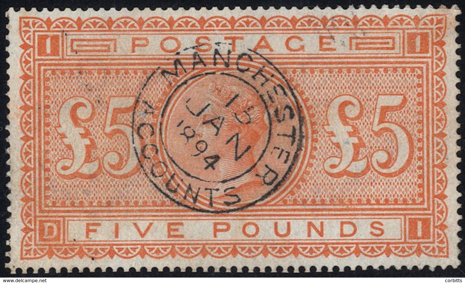 1867-83 £5 Orange DI, Superb U Example With A Centrally Struck Manchester Accounts Double Ring C.d.s. For Jan 15th 1894, - Autres & Non Classés