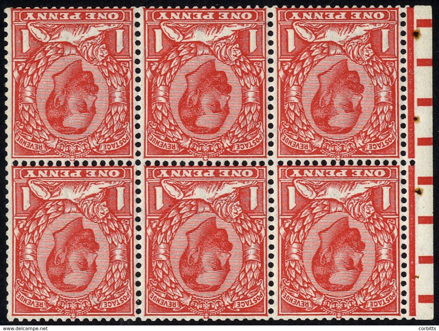 1912 Royal Cypher 1d Scarlet (Die B) Wmk Inverted UM Booklet Pane Of Six, Complete With Binding Margin. (6) Cat. £275 - Autres & Non Classés