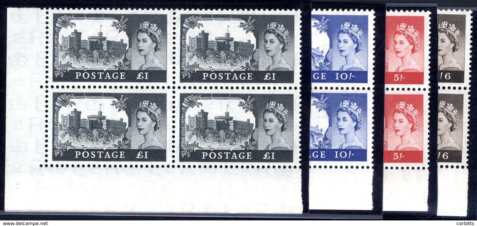1958 1st DLR Castle Set In Lower Right Corner Marginal UM Blocks Of Four, SG.536a/9a. (16) - Other & Unclassified