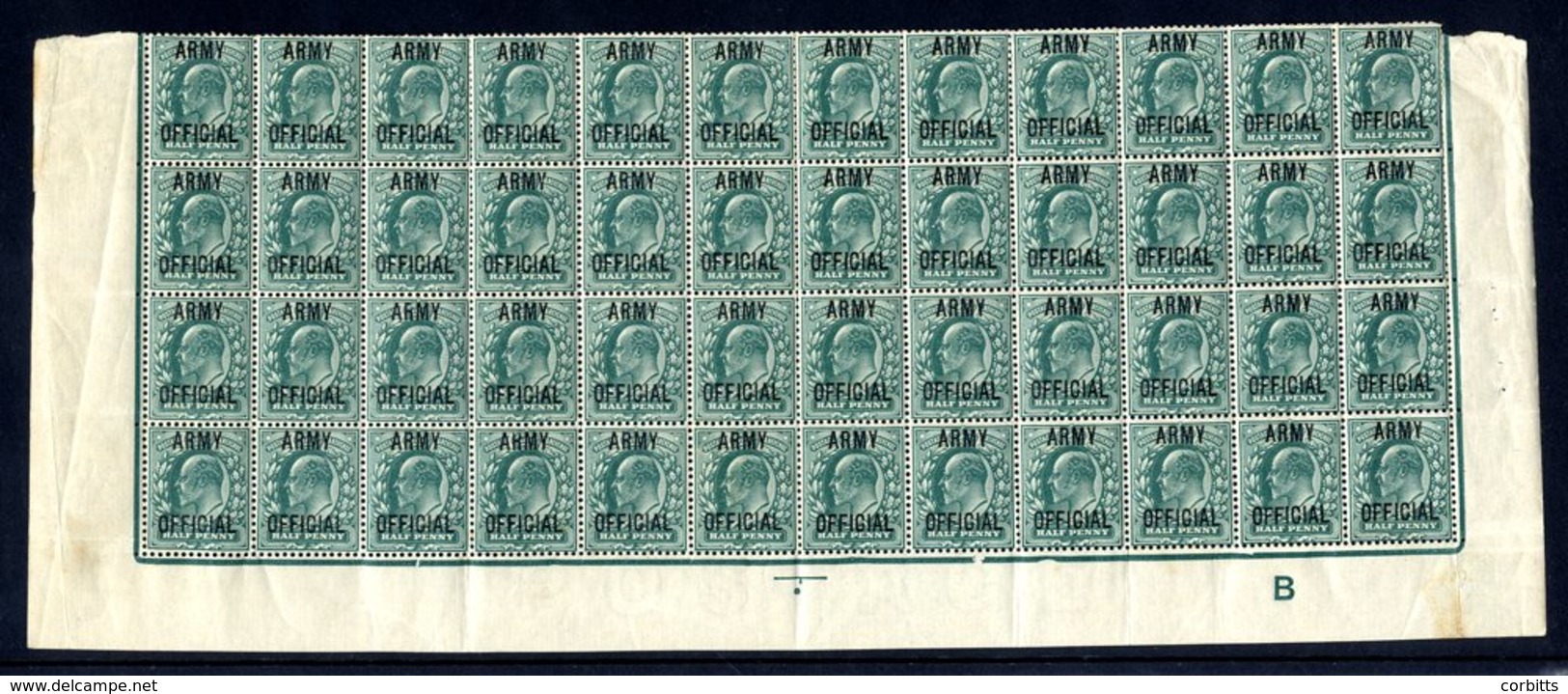 ARMY OFFICIAL 1902 ½d Blue Green Block Of 48, Bottom Four Rows Of The Sheet With Lower & Side Margins (Control B) UM, Fi - Autres & Non Classés