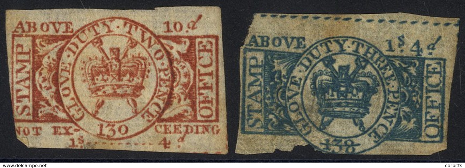 GLOVE DUTY 1785 2d Red (130) 'above10d Not Exceeding 1/4' & 3d Blue Green (138) 'above 1/4d' Both Faults. Scarce. - Other & Unclassified