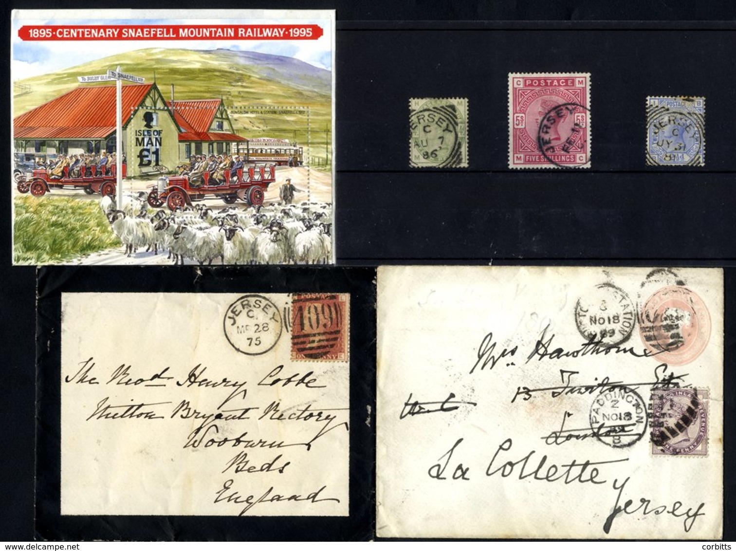 1875 Mourning Envelope To Woburn, Beds, Franked 1d Red Pl.158, Tied Jersey Duplex, 1889 1d Stationery Envelope + 1d Lila - Autres & Non Classés