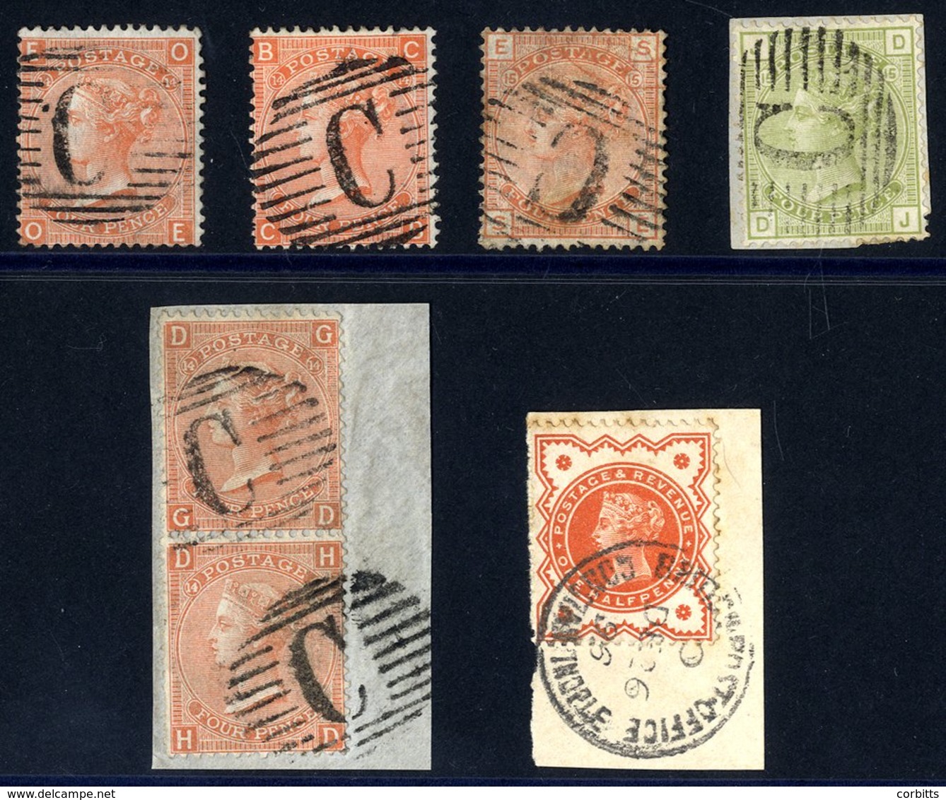 BRITISH LEVANT - Constantinople 1865-73 4d Vermilion Pl.14 Pair + Singles (2) Each Barred Oval 'C' Cancel (SG.Z92) Also  - Other & Unclassified