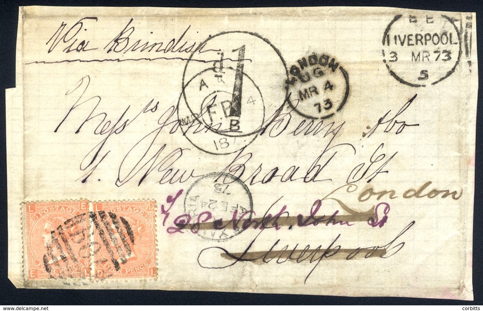 EGYPT 1873 Cover Front To Liverpool Via Brindisi, Re-addressed To London, Franked 4d Vermilion Pl.12 (SG.94) Two Example - Other & Unclassified