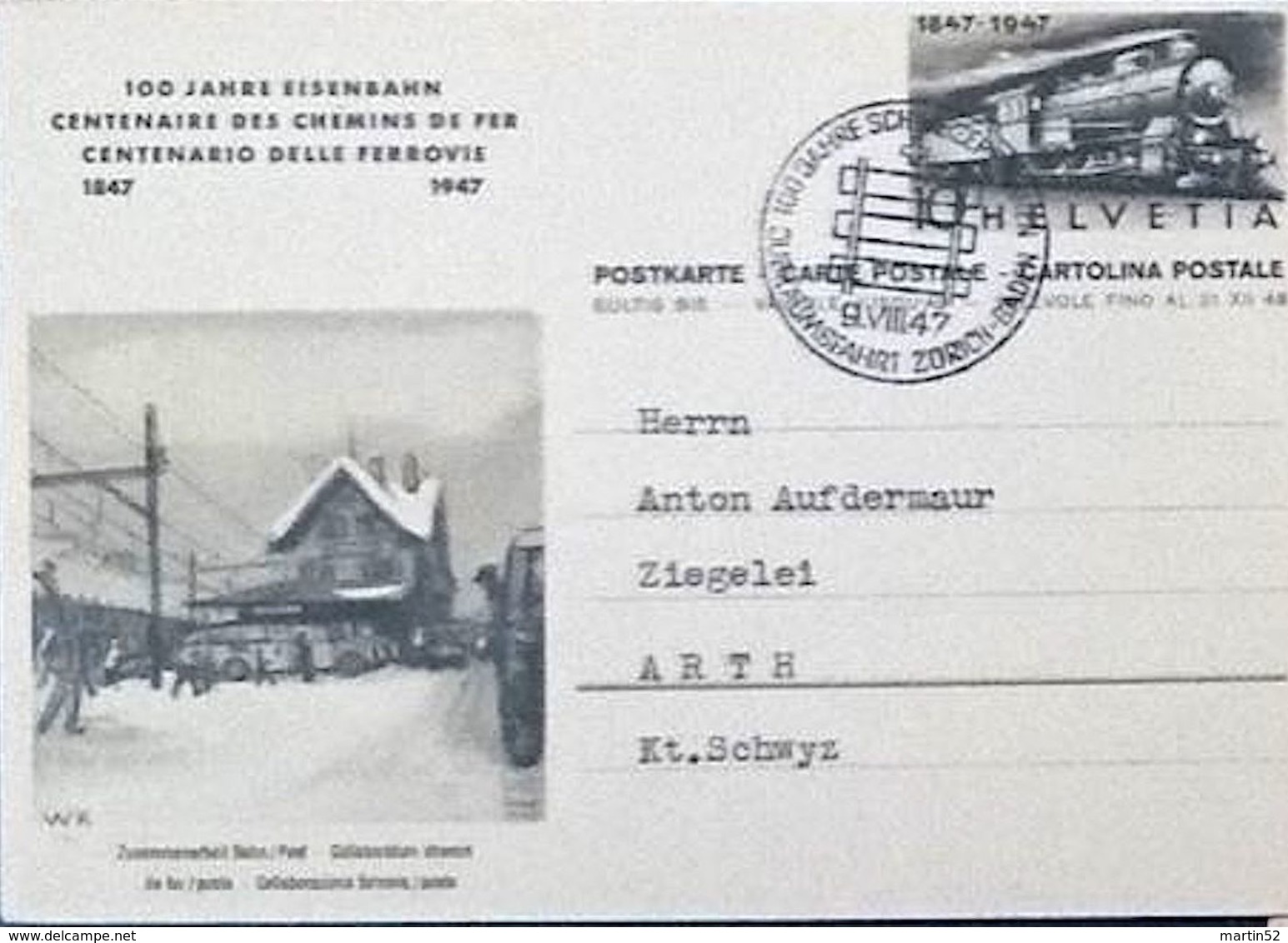 Schweiz Suisse 1947: Bild-PK 100 Jahre Eisenbahn (Bahn-Postauto) Mit O JUBILÄUMSFAHRT BADEN-ZÜRICH 9.VIII.47 (ERSTTAG) - Eisenbahnen