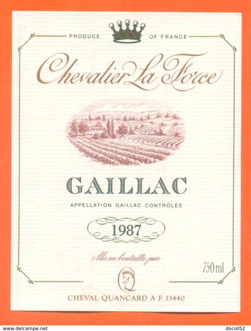 étiquette Vin De Gaillac Chevalier La Force 1987 Cheval Quancard à 33440 - 75 Cl - Gaillac