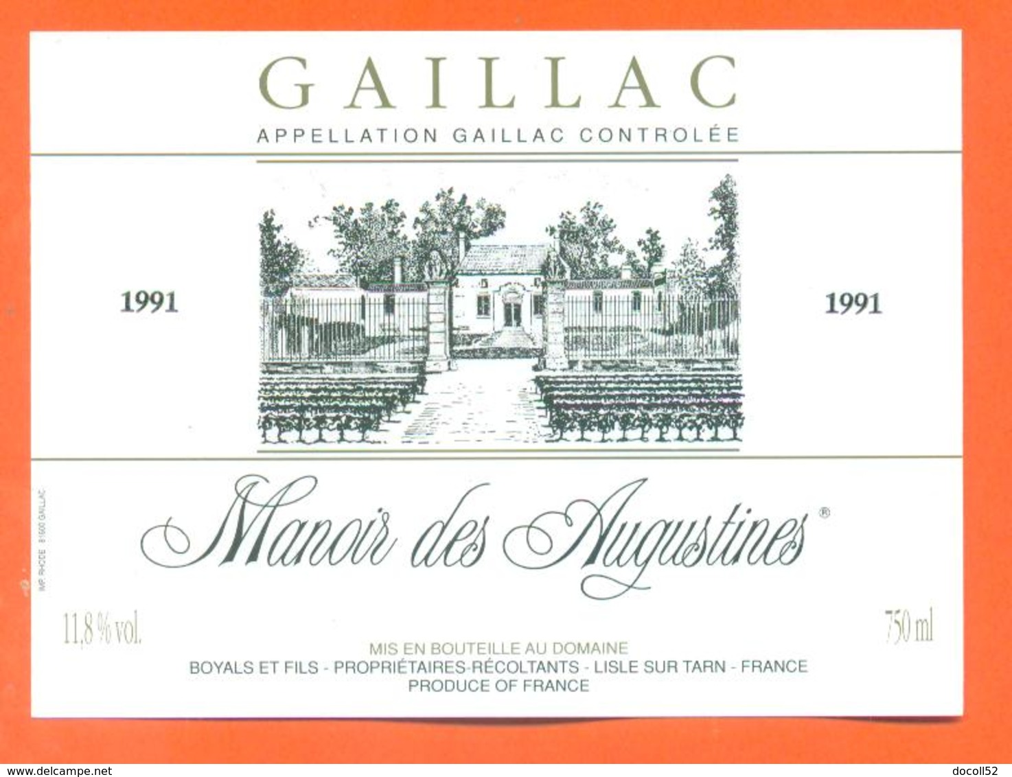 étiquette Vin De Gaillac Manoir Des Augustines 1991 Boyals à Lisle Sur Tarn - 75 Cl - Gaillac