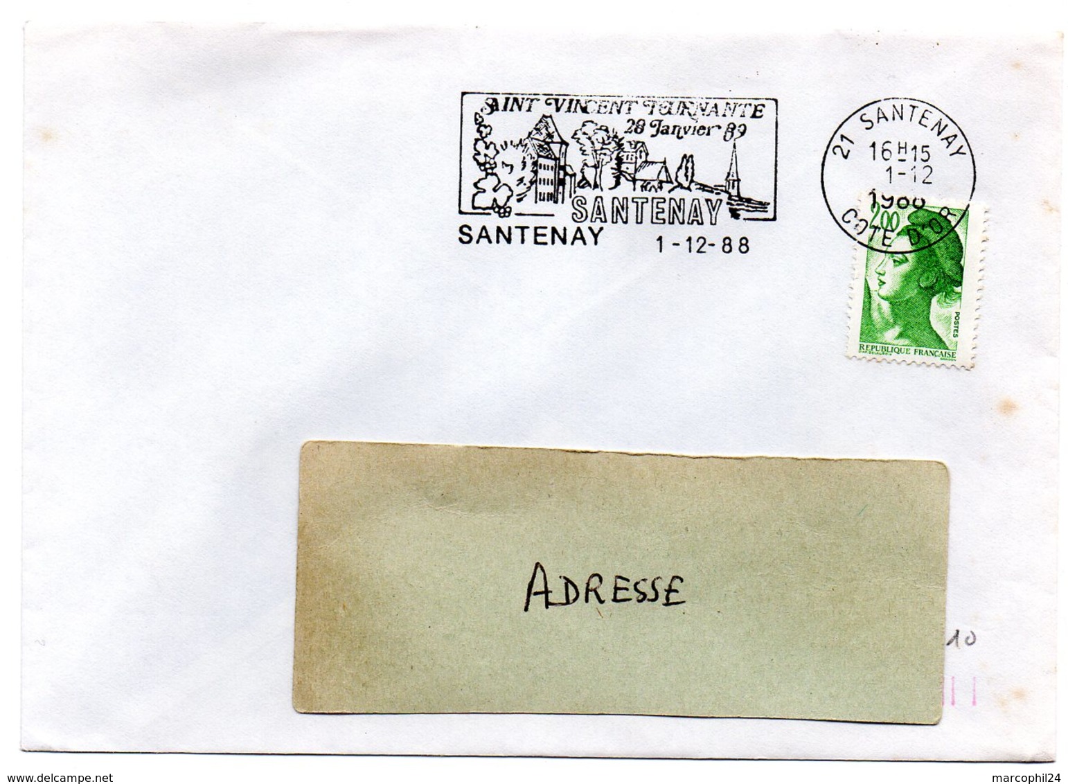 VIGNE & VIN = 21 SANTENAY 1988 = FLAMME Type II = SECAP Illustrée ' Saint Vincent Tournante 1989 ' Sur ENVELOPPE ENTIERE - Maschinenstempel (Werbestempel)