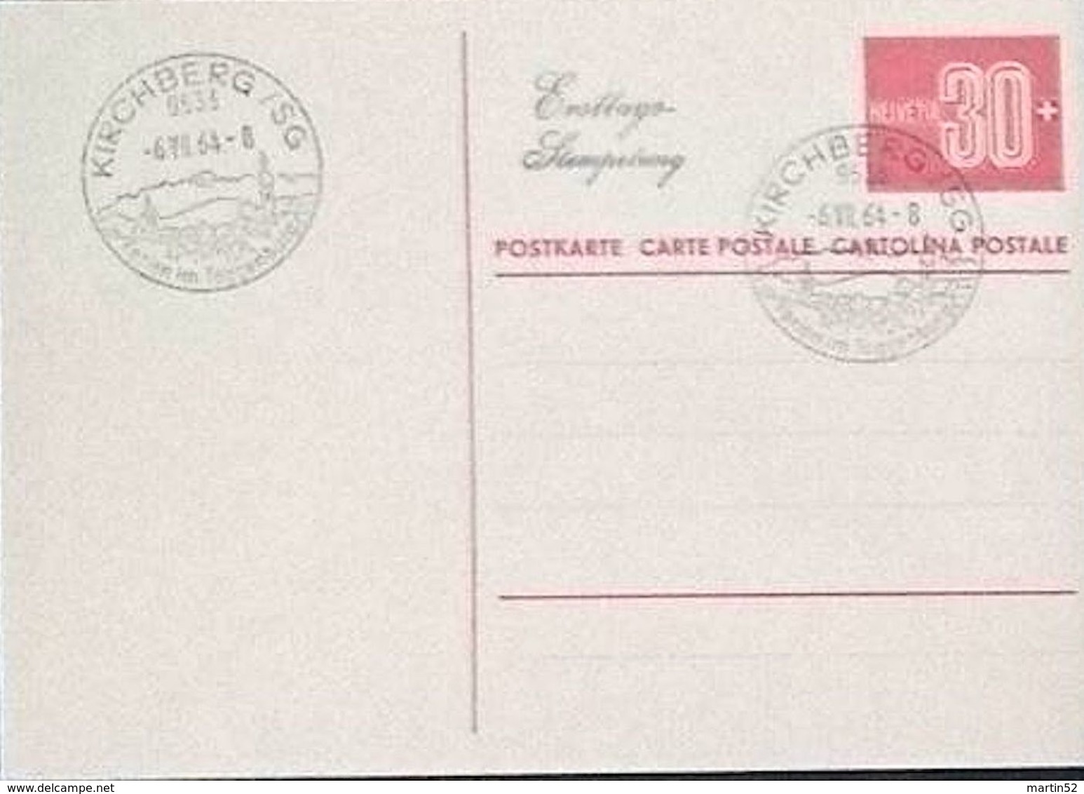 Schweiz Suisse 1964: POSTKARTE 30 Rp. CARTE POSTALE 30c. Mit O KIRCHBERG/SG 6.VII.64 (ERSTTAG / PREMIER JOUR) - Entiers Postaux