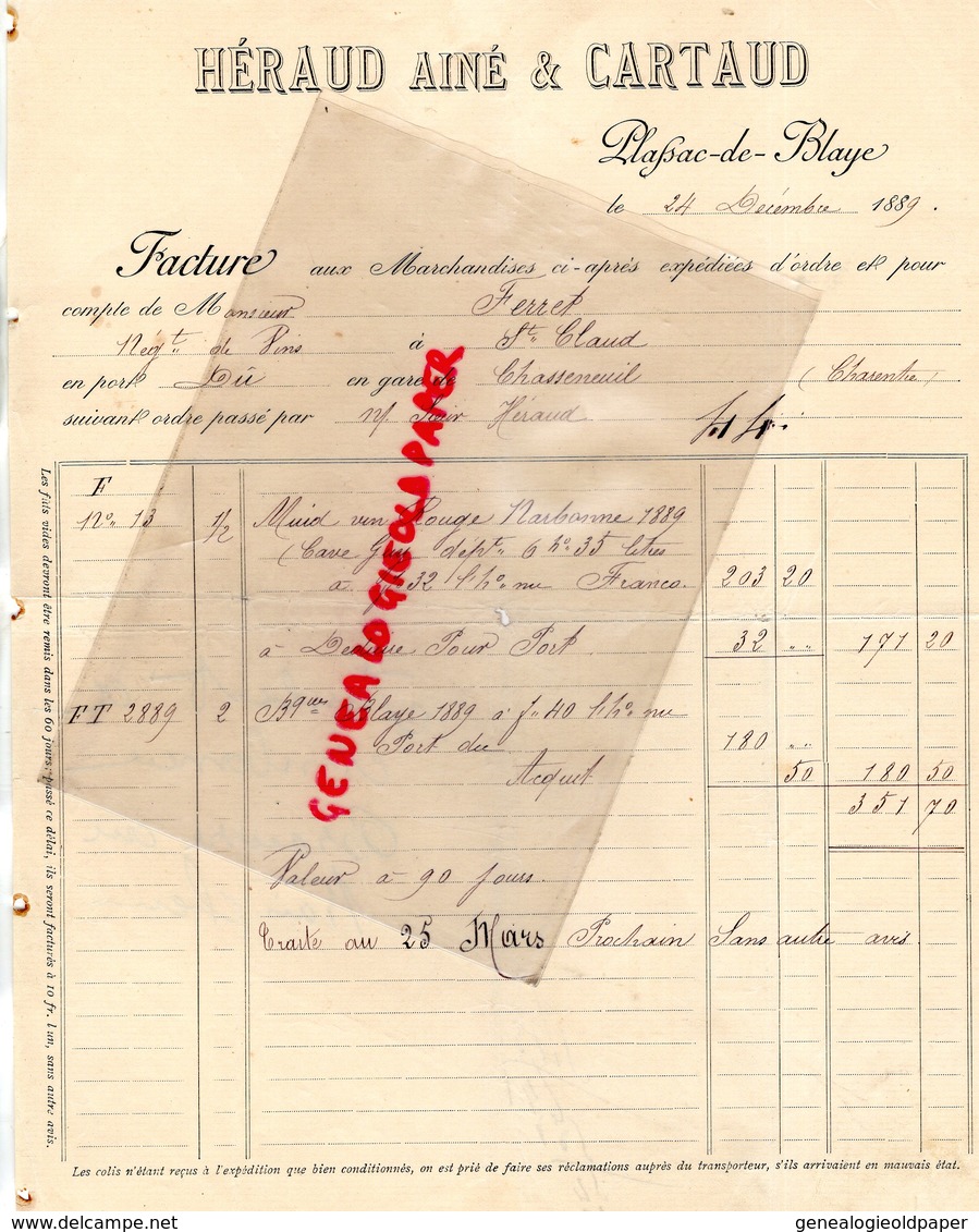 33- PLASSAC DE BLAYE- RARE FACTURE 1889- HERAUD AINE & CARTAUD- VIN VINS ROUGE NARBONNE 1889 CAVE GUY- - 1800 – 1899