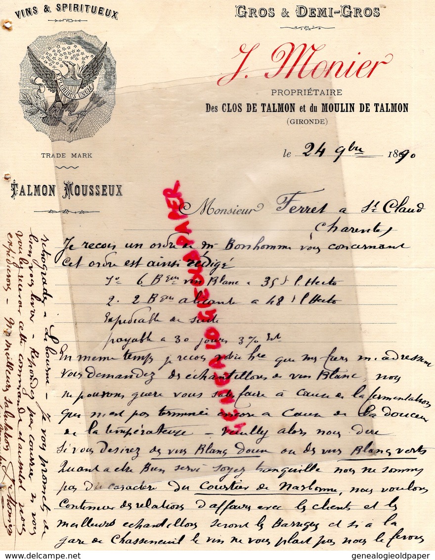 33- TALMON MOUSSEUX-RARE LETTRE MANUSCRITE SIGNEE J. MONIER- VINS DES CLOS DE TALMON ET MOULIN DE TALMON-1890 - 1800 – 1899