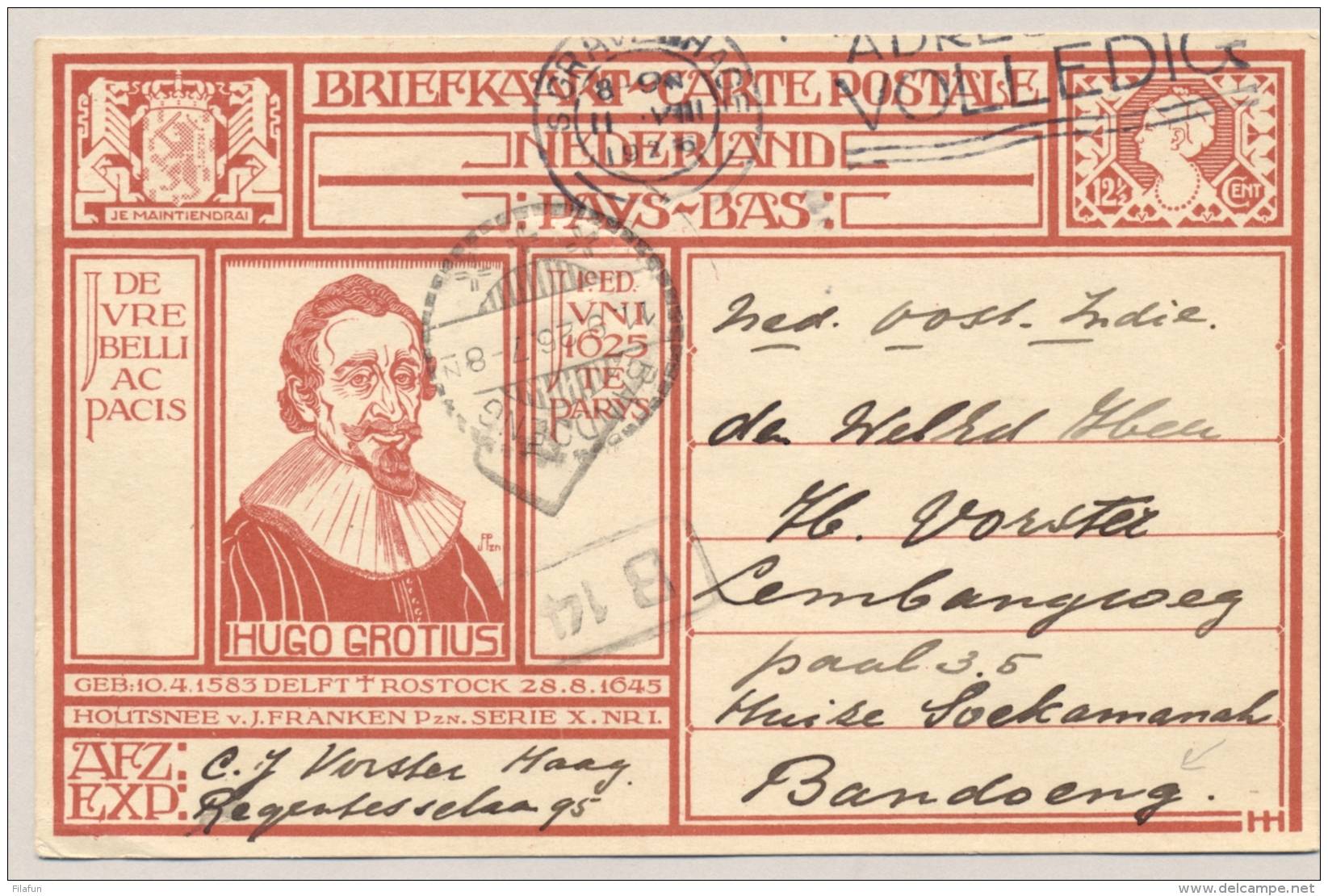 Nederland - 1926 - 12,5 Cent Hugo Grotius, G207 Van Den Haag Naar Bandoeng / Nederlands Indië - Postal Stationery