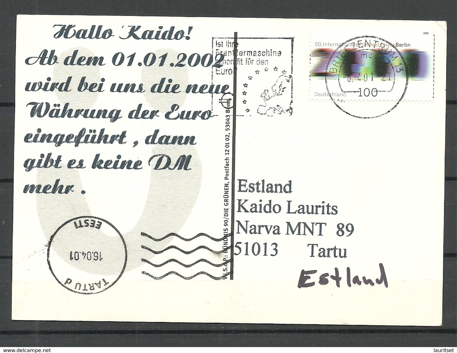 Werbepostkarte Bündnis 90 Grünen Wahlen In DE  2001 Gesendet Mit Briefmarke - Parteien & Wahlen