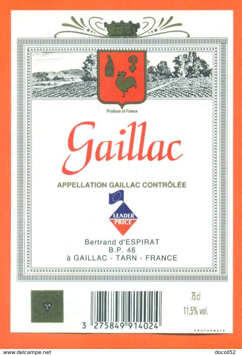 étiquette Vin De Bordeaux Gaillac Bernard D'espirat à Gaillac - 75 Cl - Gaillac