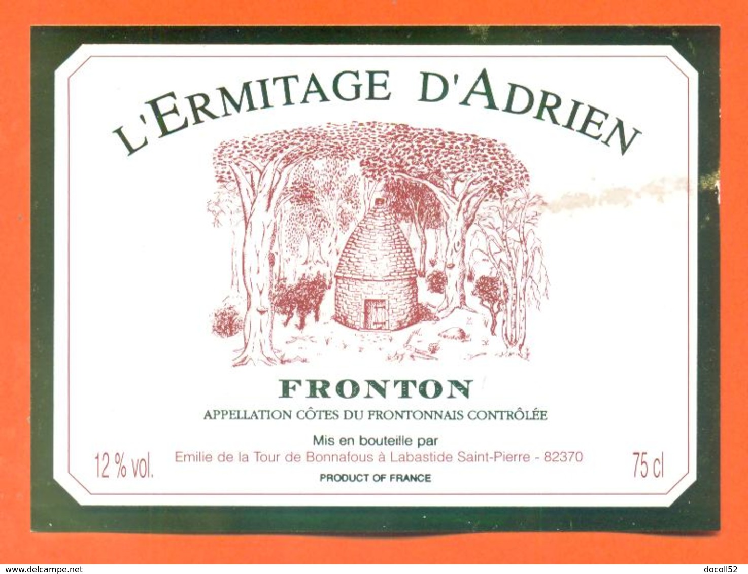 étiquette Vin De Bordeaux Fronton L'ermitage D'adrien à Labastide Saint Pierre - 75 Cl - Gaillac