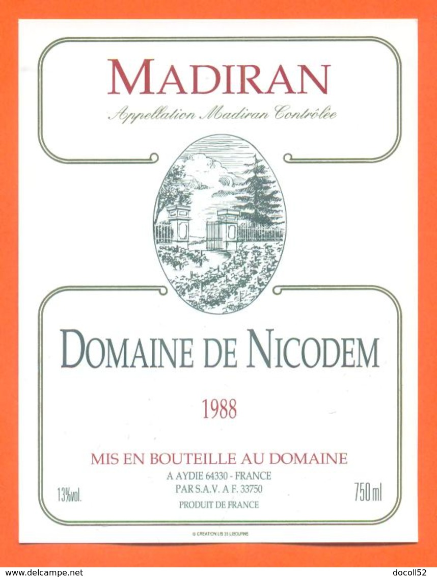 étiquette Vin De Bordeaux Madiran Domaine De Nicodem 1988 à Aydie - 75 Cl - Madiran