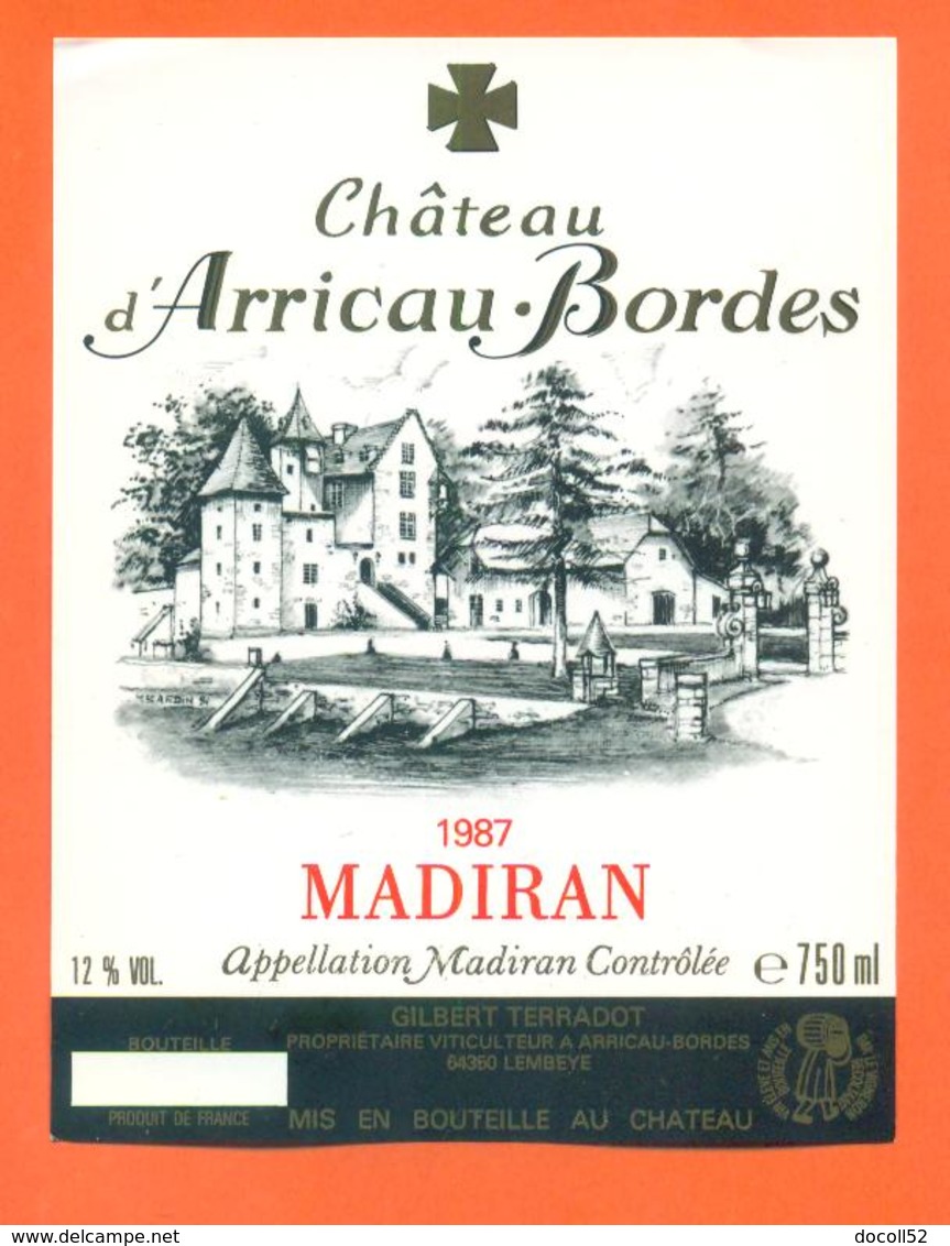 étiquette Vin De Bordeaux Madiran Chateau D'arricau Bordes 1987 à Arricau Bordes - 75 Cl - Madiran