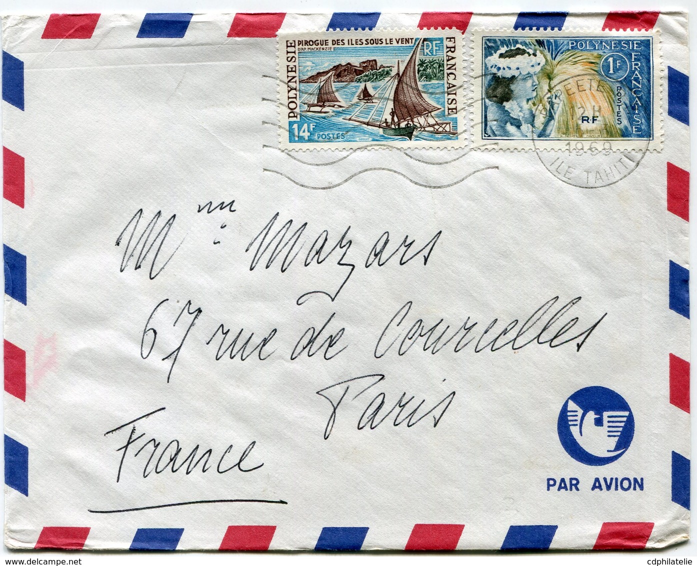 POLYNESIE LETTRE PAR AVION DEPART PAPEETE 5-3-1969 ILE TAHITI POUR LA FRANCE - Storia Postale