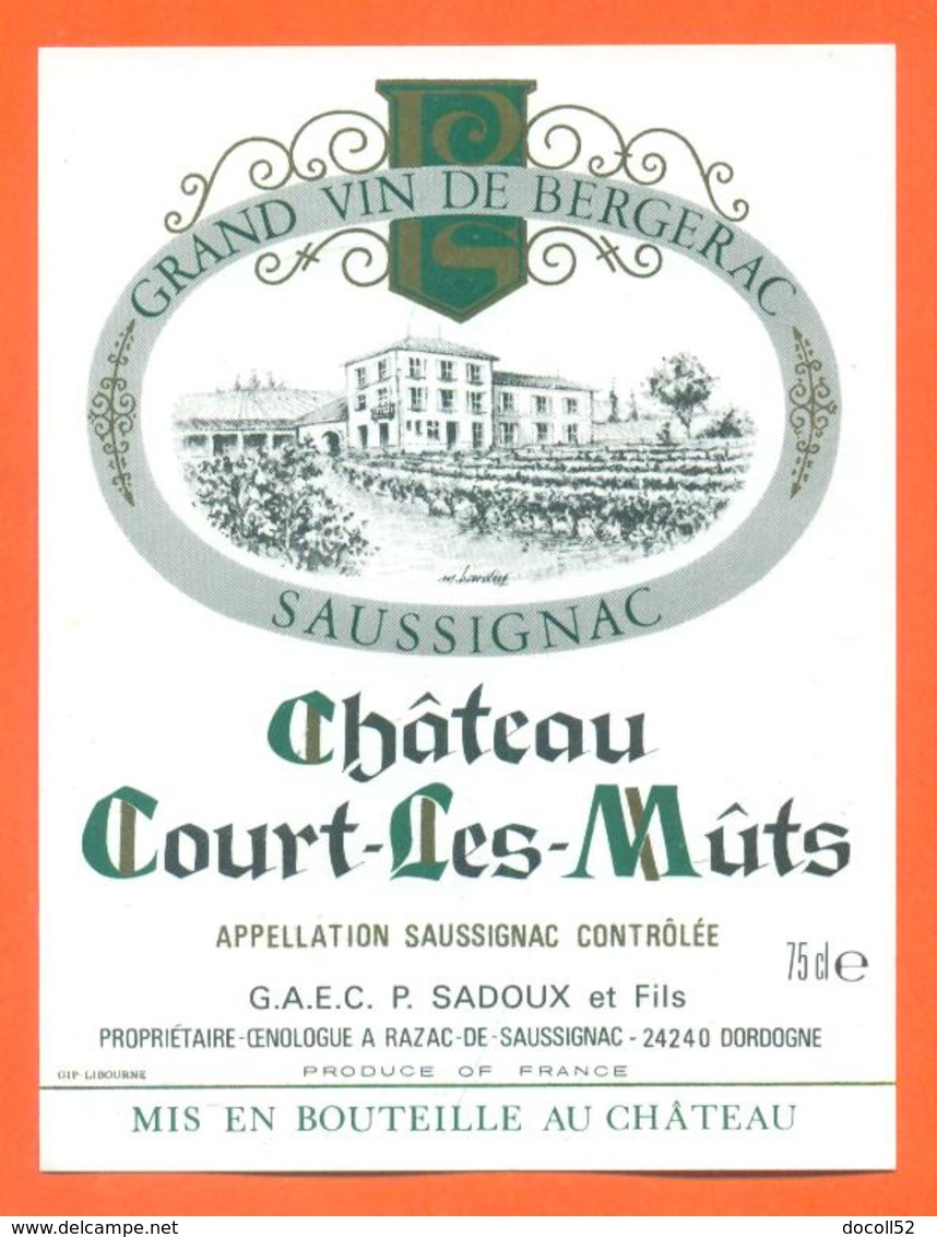 étiquette Vin De Bergerac Saussignac Chateau Court Les Muts Sadoux à Razac De Saussignac - 75 Cl - Bergerac