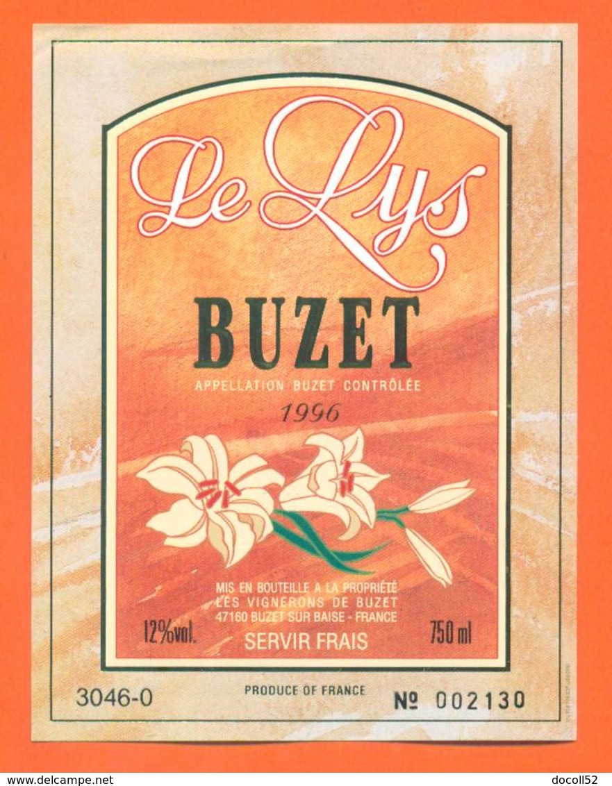 étiquette Vin De Buzet Cuvée Le Lys 1996 V B à Buzet Sur Baise - 75 Cl - Fiori