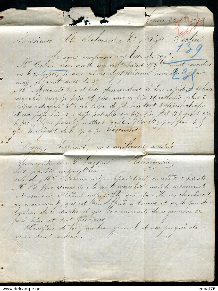 Suisse - Lettre Avec Texte De Genève Pour Seclin En 1874 - Réf O7 - Brieven En Documenten