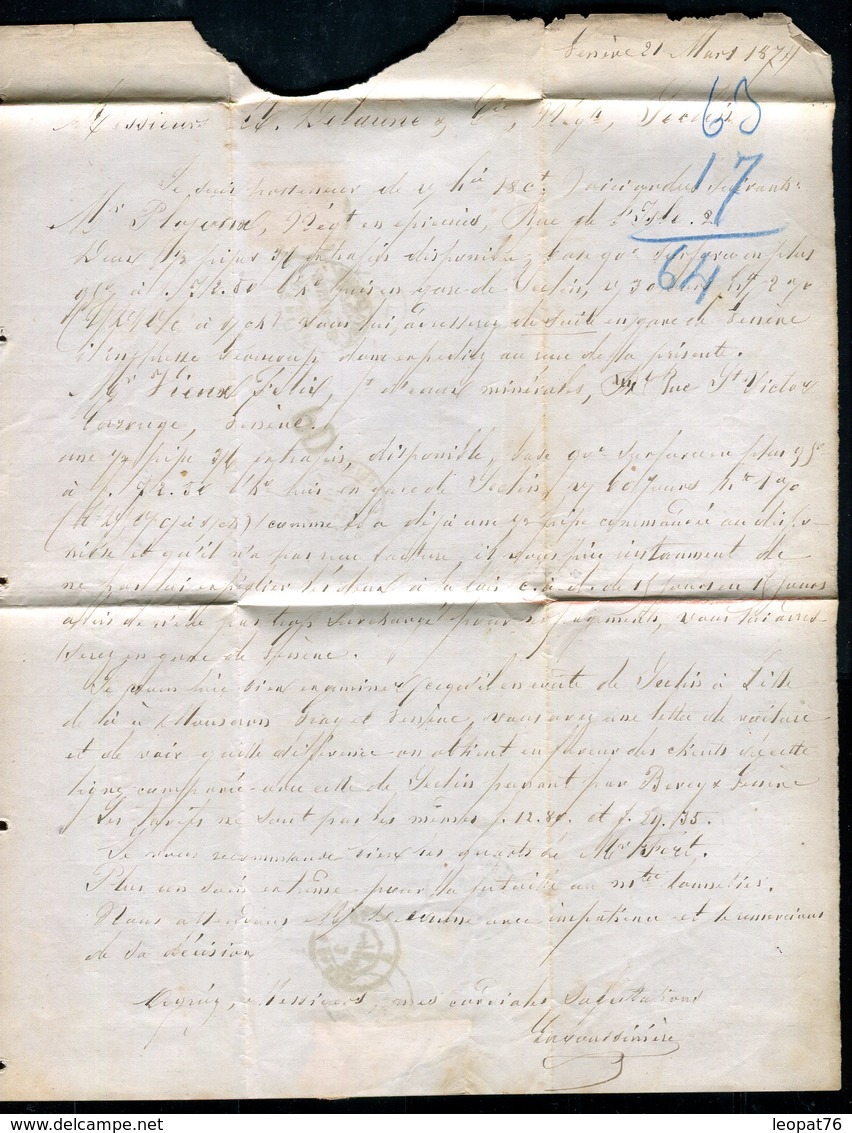 Suisse - Lettre Avec Texte De Genève Pour La France En 1874 - Réf O12 - Storia Postale