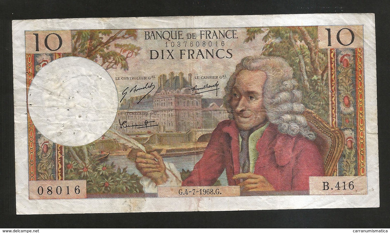 FRANCE - BANQUE De FRANCE - 10 Francs VOLTAIRE ( G. 4 / 7 / 1968 ) Serie: B. 416 - 10 F 1963-1973 ''Voltaire''