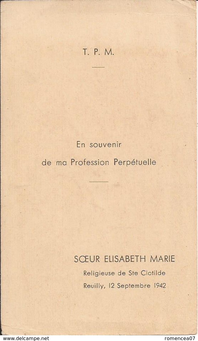 PARIS 12e Reuilly - PROFESSION PERPETUELLE - Soeur ELISABETH MARIE Religieuse De Ste-Clotilde - 12 Septembre 1942 - Autres & Non Classés