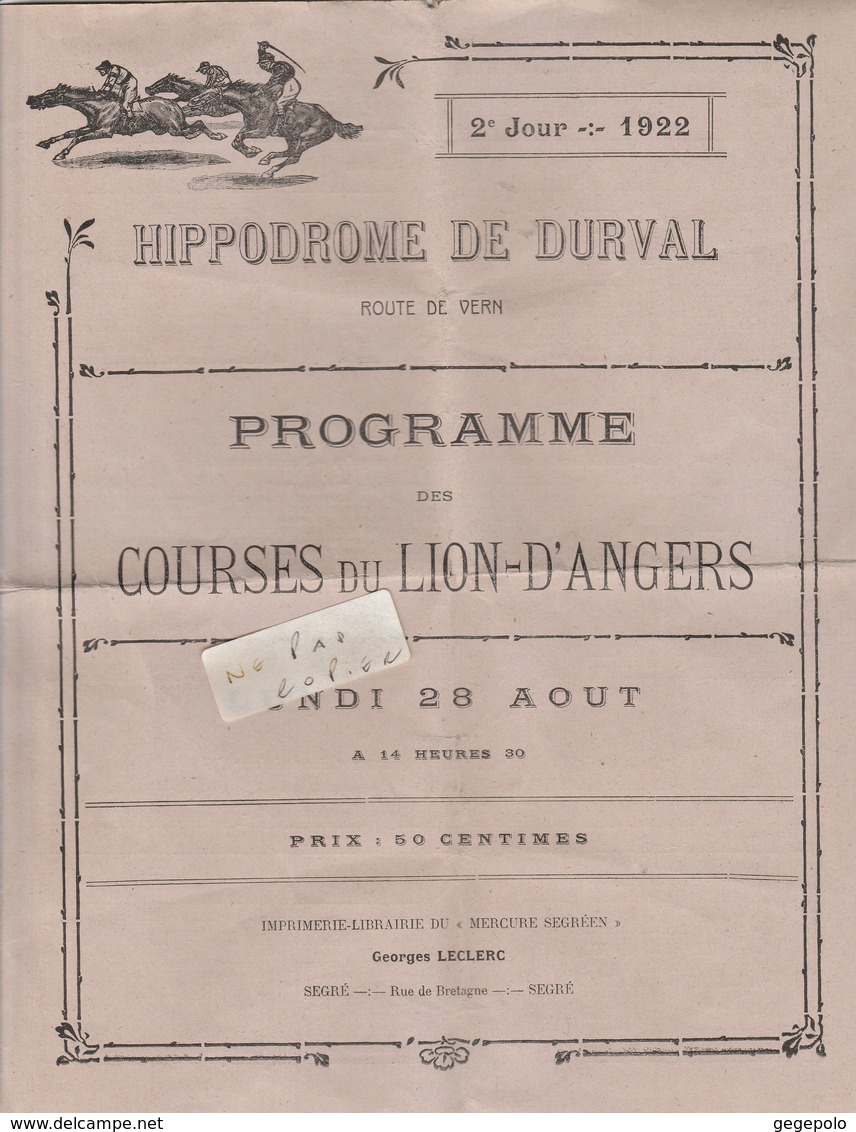 49 - LION D'ANGERS  - Programme Des Courses Du 28/08/1922  ( 4 Pages 22,5 Cm X 27,5 Cm ) - Programmes