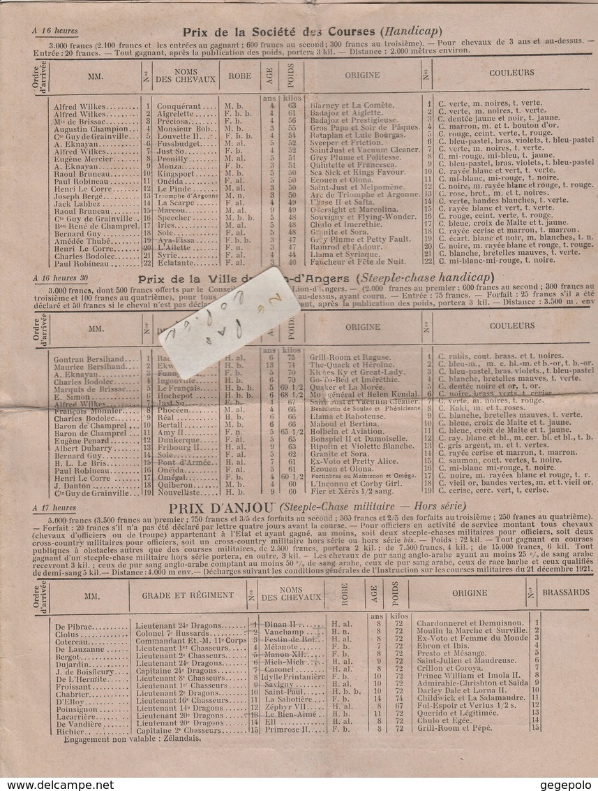 49 - LION D'ANGERS  - Programme Des Courses Du 28/08/1922  ( 4 Pages 22,5 Cm X 27,5 Cm ) - Programs