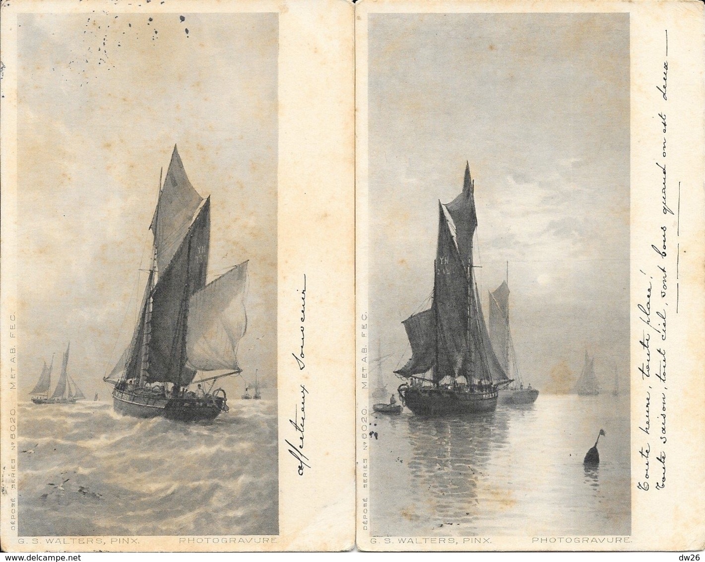 Lot De 2 Cartes Dos Simple: Photogravure G.S. Walters, Pinx Serie 6020 - Voiliers - Segelboote