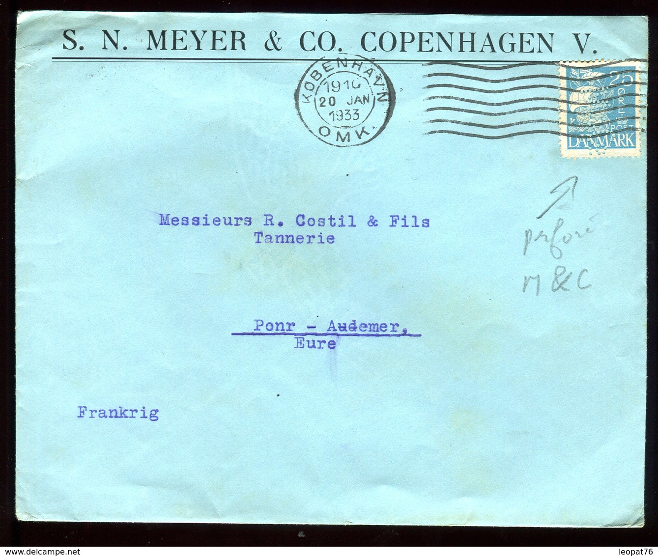 Danemark - Perforé M&C Sur Enveloppe Commerciale De Copenhague Pour La France En 1933 - Réf O40 - Cartas & Documentos