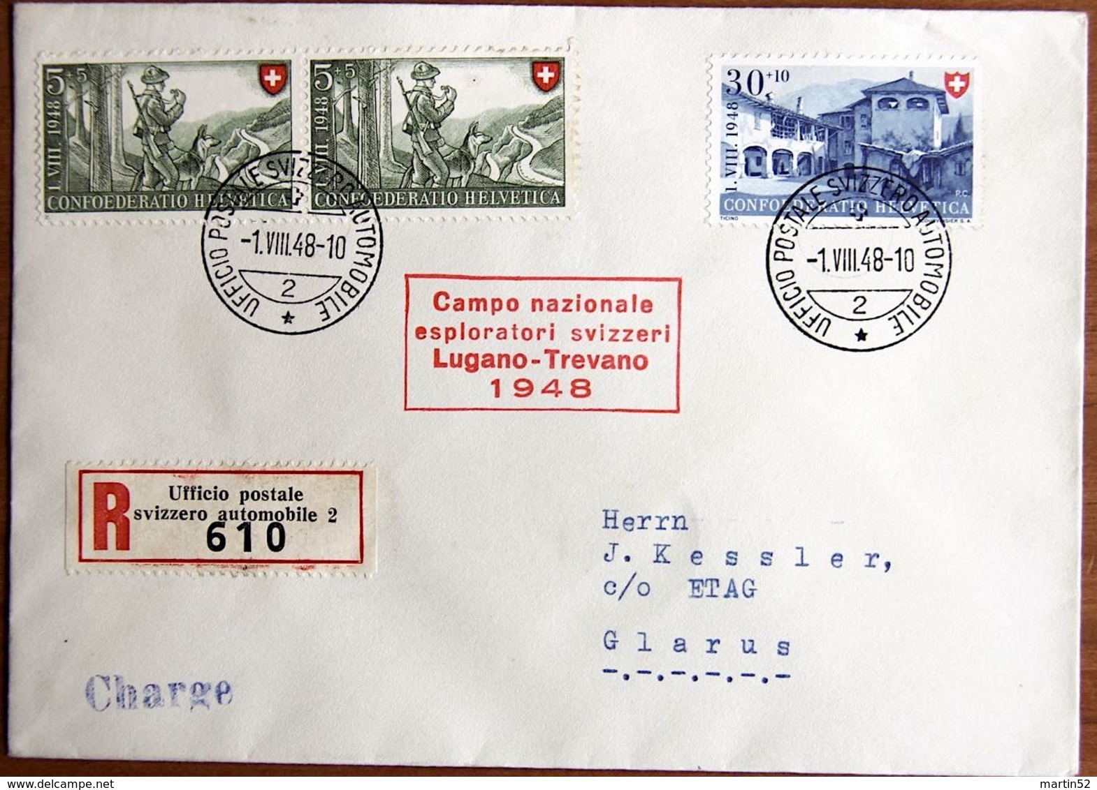 Suisse 1948: R-Lettre Zu PP 38+41 Mi 508+511 Yv 457+460 O Campo Nazionale Esploratori Svizzeri Lugano-Trevano - Lettres & Documents