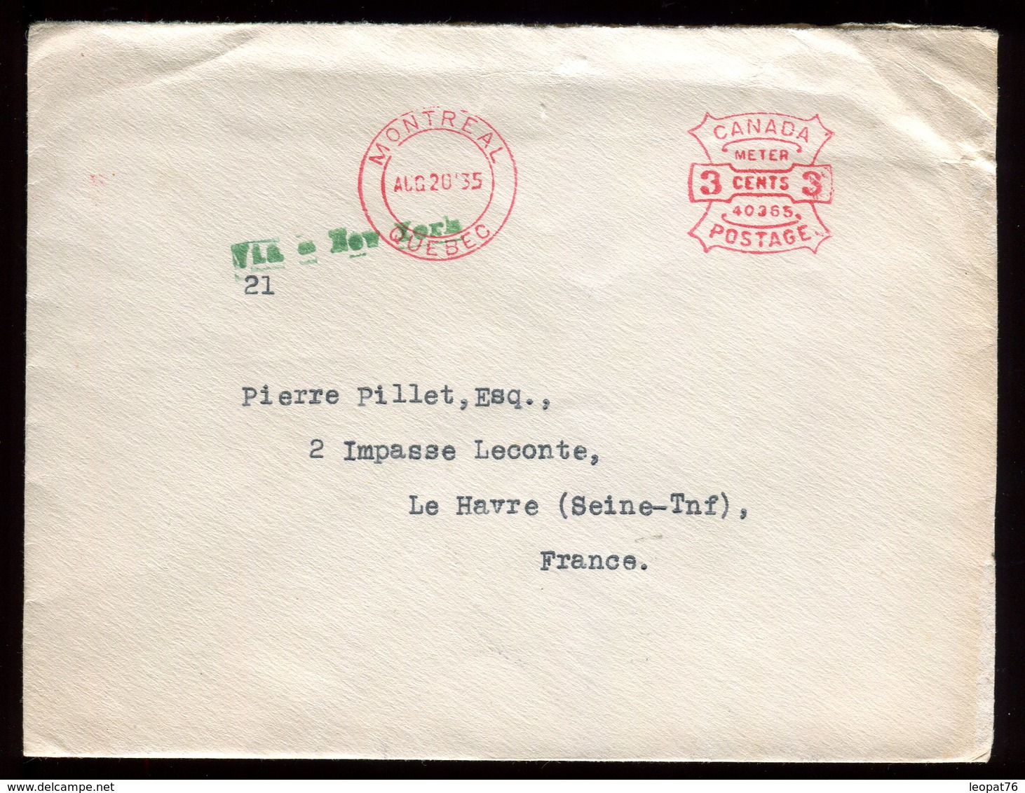 Canada - Enveloppe De Montréal Pour Le Havre E 1935 Via New York , Affranchissement Mécanique - Réf O61 - Lettres & Documents
