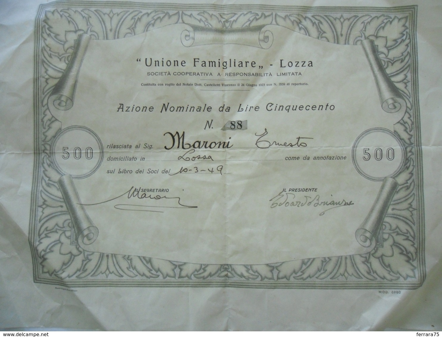 SCRIPOFILIA AZIONE DA LIRE 500 COOPERATIVA UNIONE FAMIGLIARE LOZZA VARESE 1949 - Altri & Non Classificati