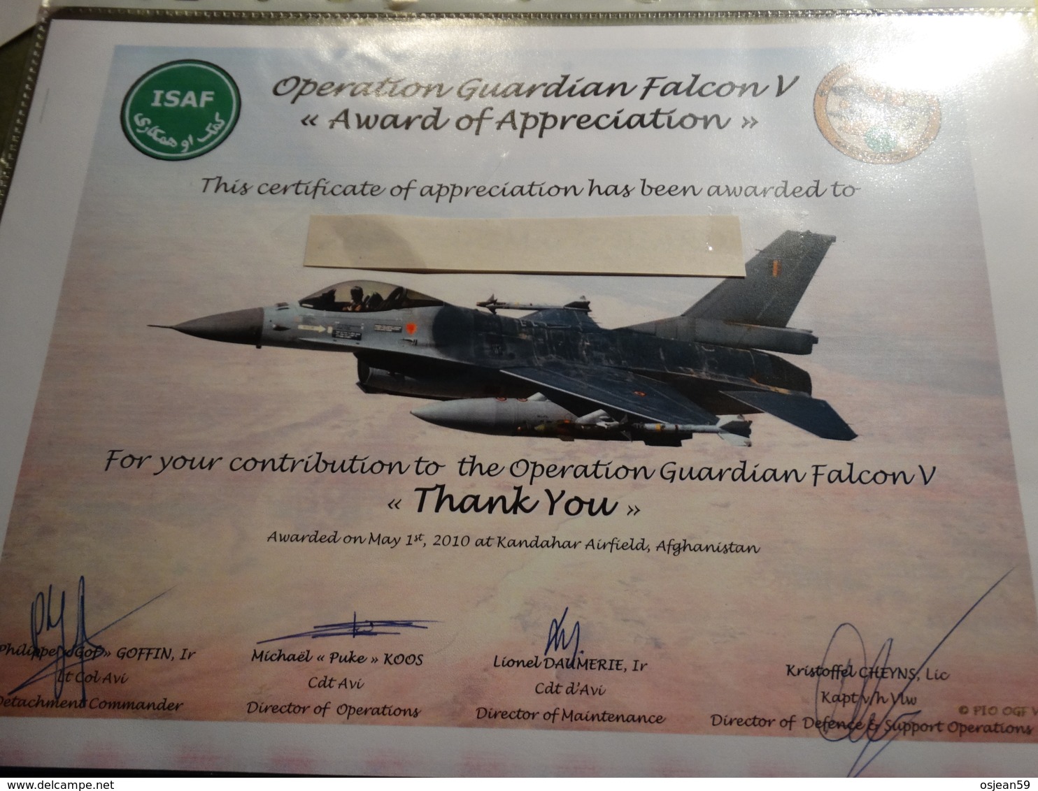 Brevet Pour "operation Guardian Falcon" Mission Isaaf. - Documents