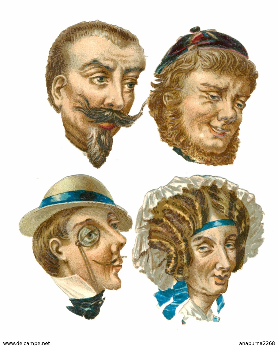 4 CHROMOS  DECOUPIS  TETES CARICATURES CHAPEAU MONOCLE    5/ 4 Cm - Autres & Non Classés