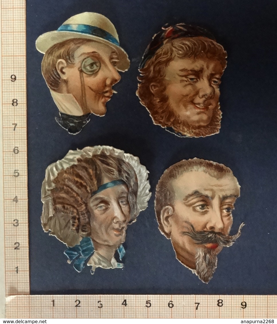 4 CHROMOS  DECOUPIS  TETES CARICATURES CHAPEAU MONOCLE    5/ 4 Cm - Autres & Non Classés